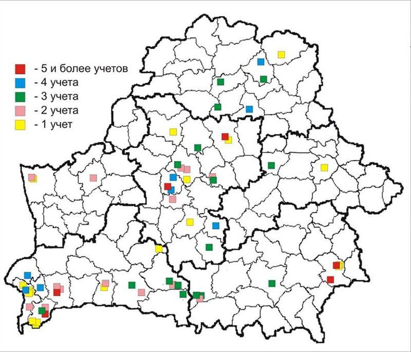 Рис. 1: Схема расположения мониторинговых квадратов по территории Беларуси в 2007-2019 гг.